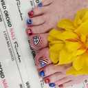 4th of July Press On Toenails Independence Day Fake Toenails with American Flag Design Red White Blue Glitter False Toenails Reusable Stick on Toenail for Women Patriotic Manicure Decorations