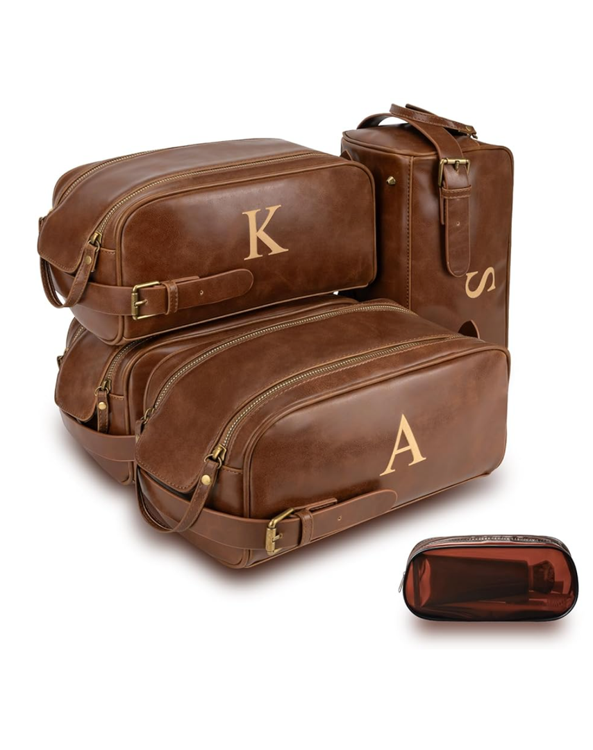 Toiletry Bags for Men Leather Travel Toiletry Bag With Engraved Initial Large Shaving & Dopp Kit Personalized Birthday Wedding Groomsmen Gifts for Men (N)