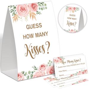 Boho Floral How Many Kisses Bridal Shower Game,Wedding Shower Games,Engagement Party Games,Bachelorette Party Games,Bridal Shower Decorations(1 Sign & 50 Cards),8