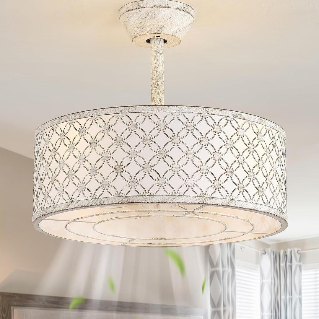 20" White Fandelier Ceiling Fans with Lights and Remote, White Boho Ceiling Fan Chandelier, Caged Fabric with 6 Speeds for Bedroom, Living Room, Nursery
