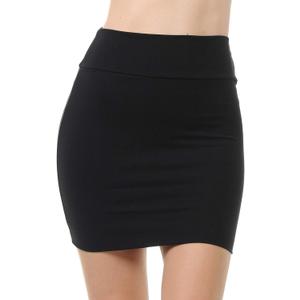 Trendy Street Basic Double-Layer Cotton Simple Stretchy Tube Pencil Mini Skirt (Medium Short, Black)