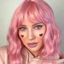 Pastel Bob Wigs with Bangs for Women Loose Wavy Wig Pastel Wavy Shoulder Length Bob Synthetic Cosplay Wig for Girl Colorful Costume Wigs (Pink)