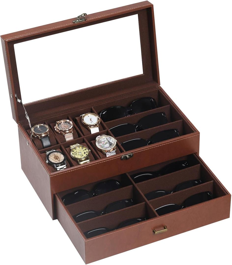 AUTOARK Leather & Velvet 6 Watch Box Jewelry Case and 9 Piece Eyeglasses Storage and Sunglass Glasses Display Drawer Lockable Case Organizer,Coffee,AW-178