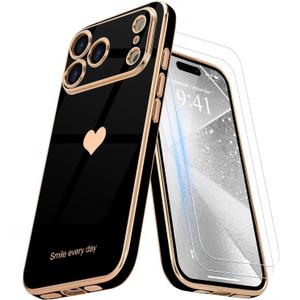 Teageo for iPhone 17 Pro Case with Screen Protector [2 Pack] Girl Women Cute Girly Love-Heart Luxury Gold Soft Cover Camera Protection Shockproof Phone Case for iPhone 17 Pro, Black