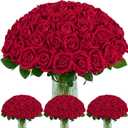 100 Pcs Red Roses Artificial Flowers, Real Touch Velvet Roses Bouquet Fake Flowers Bulk, Artificial Roses with Long Stems for Birthday Gift Women Mom DIY Bridal Wedding Centerpiece Decorations