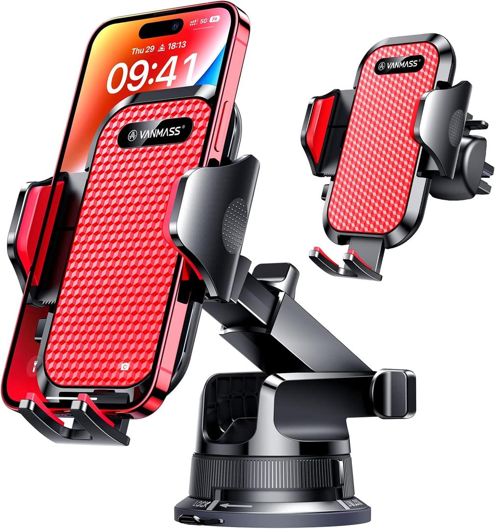 VANMASS [Pro Version] Universal Car Phone Mount [Super Suction Cup] Dashboard Phone Holder, Handsfree Windshield Dash Vent Phone Holder Car, Compatible for iPhone 17 16 15 14 Samsung LG & Truck, Red