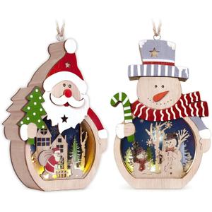 OurWarm 2 Pcs Wooden Christmas Ornaments, LED Light Wooden Hanging Ornaments Santa Claus Snowman Ornaments for Christmas Tree, Table, Hotel Window Display, Crafts Gifts for Xmas Party Decor
