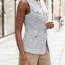 Tweed Vest Tops for Women - Summer Button Front Blazer | Fully Lined Round Neck with Pockets, Sleeveless Long Blazer, Tweed Dressy Vest, Business Casual Tops, Office Work Waistcoat (M)