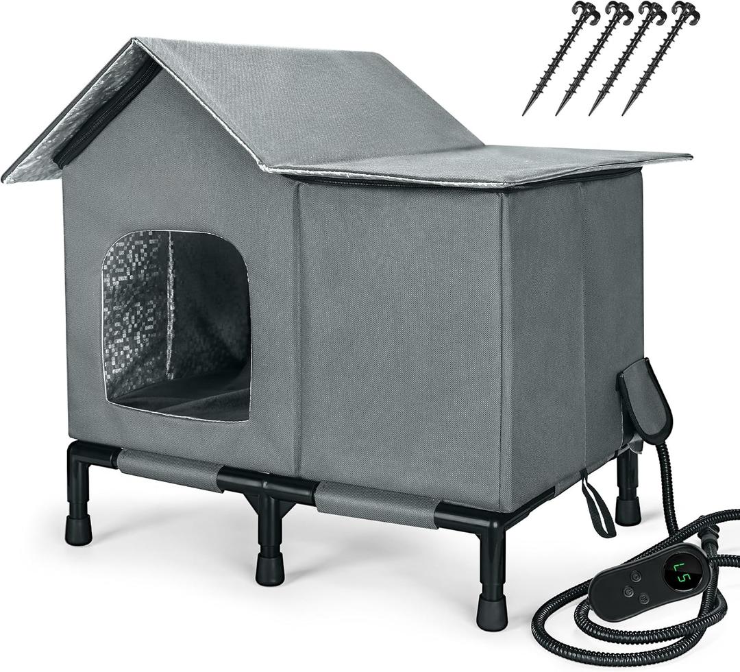 PatiencET Heated Cat House for Outside, Foldable Weatherproof Insulated Outdoor Cat House, Adjustable Temperature, Elevated Base with Ground Stakes, for Indoor/Outdoor Cats (Warming Gray)