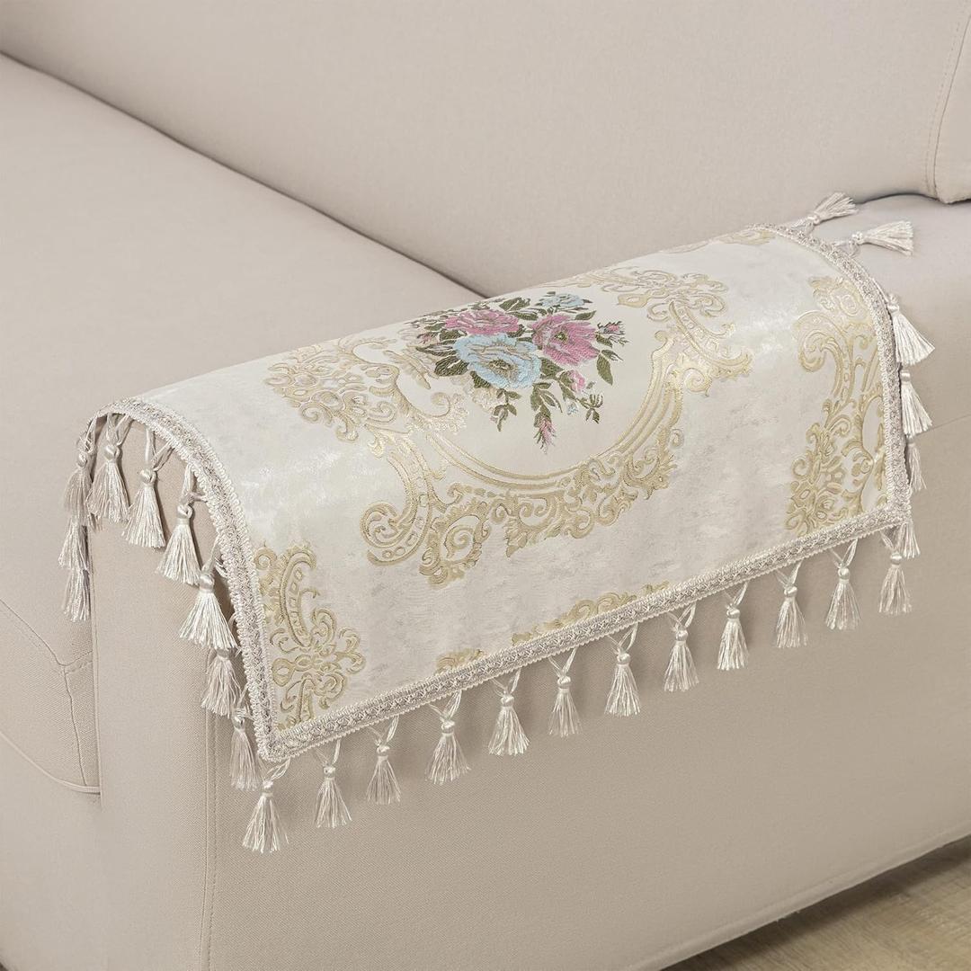 Loom and Mill Luxury Jacquard Sofa Arm Covers 2 PCS, Elegant Floral Couch Armrest Cover with Tassels, Non-Slip Furniture Protector for Chair Sofa Recliners Couch Dogs Pets, Pearly Beige, 14x14in (Armrest Cover-2 Pieces 14x14 inch, Pearly Beige)