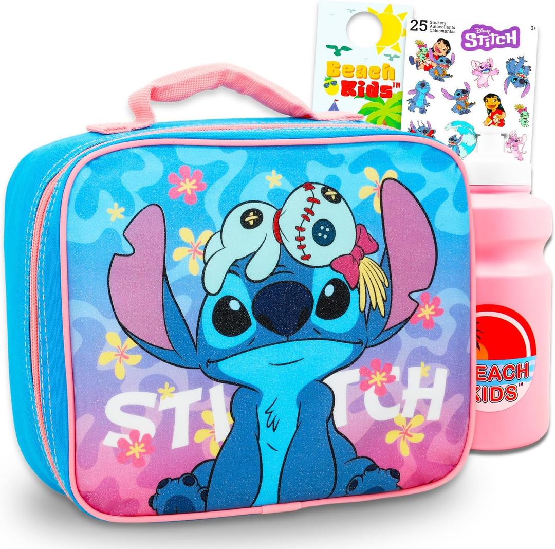 Stitch and Scrump Lunch Box for Kids Set - Bundle with Disney Lunchbag, Water Bottle, Stickers, More | Stitch Lunch Bag for Girls School