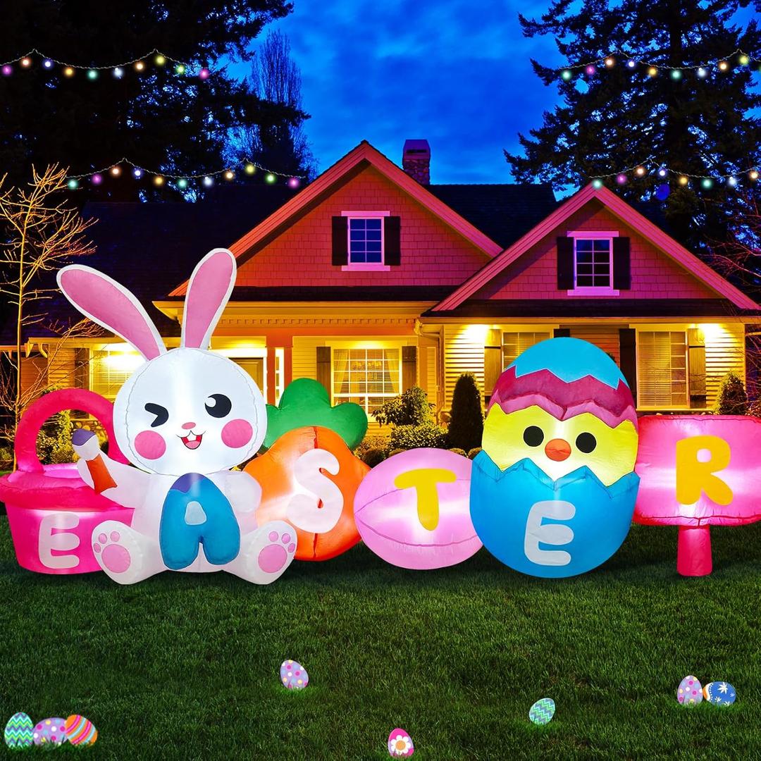 MICOCAH 8 FT Long Easter Inflatables Outdoor Decorations, Inflatable Painting Bunny with Colorful Eggs/Chick/Carrot Build-in LEDs Lights Blow Up Yard Decoration for Decor Holiday Party Lawn, Garden