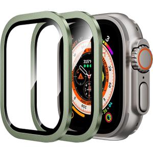 WSKEN for Apple Watch Ultra 2/ Ultra Screen Protector 49mm, 9H Tempered Glass + Titanium Alloy Frame, [Keep Original] [Touch Sensitive] Lightweight Protective Glass Film for iwatch Ultra 2 Pack, Green