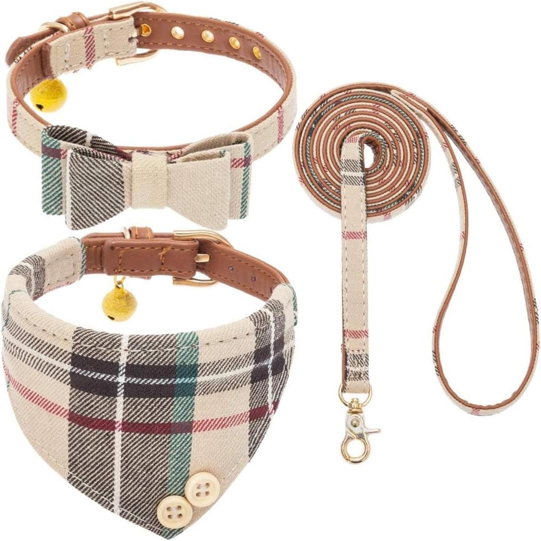 KOOLTAIL Small Dog Collar and Leash Set with Bowtie and Bells - Cute Puppy Bandana Collar and Leash with Classic Plaid Pattern, Soft Leather Tangle Free Leashes for Small Boys Girls Dogs,Cats,Beige XS (X-Small((Neck Girth 8"-10"))