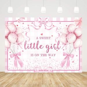 AIBIIN 7x5ft Pink Bow Baby Shower Backdrop A Sweet Little Girl is On The Way Photography Background Pink Glitter Balloon Bachelorette Birthday Party Decorations Banner Photo Props