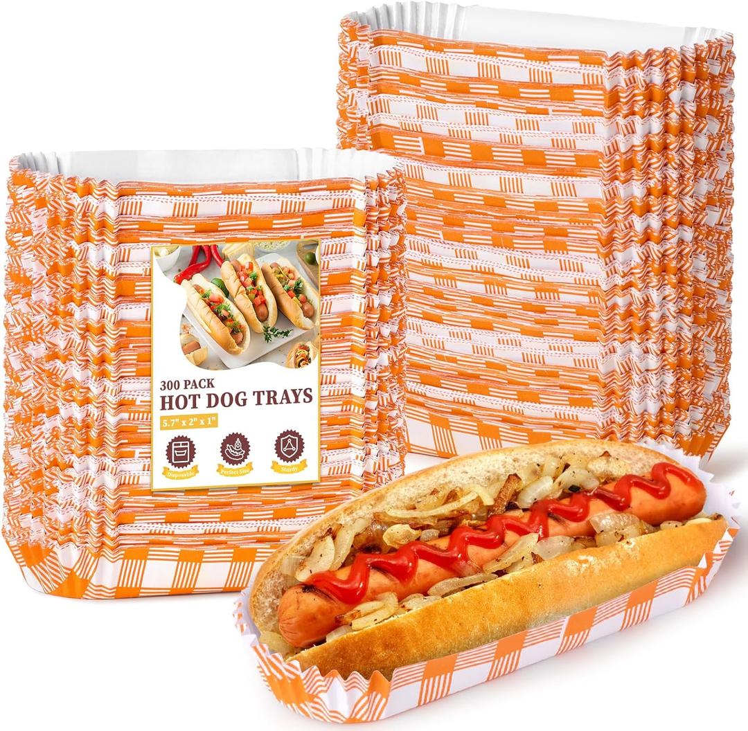 300 Pcs Paper Hot Dog Trays, Small Disposable Hot Dog Boats Fluted to Go Food Holders for Concession Stand, Party, Food Truck (Orange)