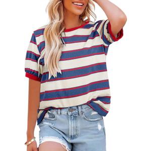Womens Tops Casual Color Block Striped Short Sleeve Shirts Crewneck T Shirts Loose Basic Tee Blouses Blue White XL