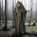 Haunted Hill Farm Life-Size Scary Poseable Talking Witch, Halloween Animatronic with Touch Activated Lights and Sound, Battery Operated Indoor or Covered Outdoor Halloween Decorations, Halloween Prop