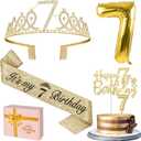 7th Birthday Decorations for Girl with 7th Birthday Girl Sash and Tiara, Candles and Cake Topper, Number Balloons, 7 Year Old Girls Gifts