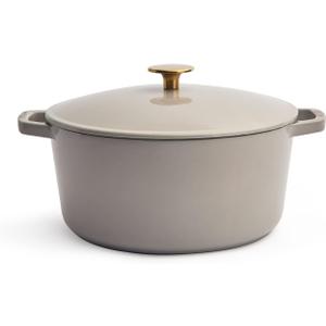 Milo by Kana 5.5-quart Enameled Cast Iron Dutch Oven with Lid | Premium Casserole Cooking Pot | Enamel Coating Inside and Out | Oven Safe and Dishwasher Friendly (Pebble with Gold Knob) (5.5 Quarts)
