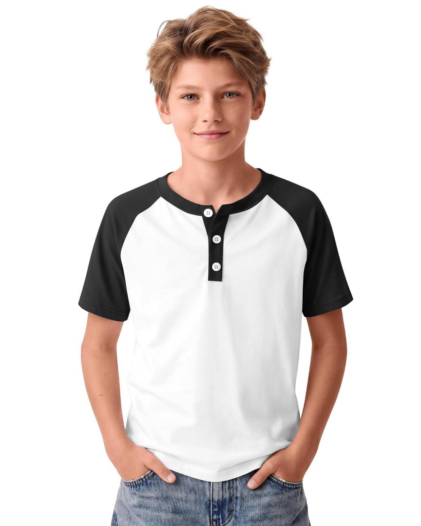 LessonZoo Boys Henley Raglen Shirts, White/Black, 11-12 Years (White)