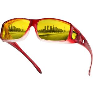 FEISEDY Night Driving Fit Over Glasses Sunglasses for Men Women,Polarized Wrap Around Yellow Sunglasses UV400 B2593 (Translucent Gradient Red Frame Night Vision Polarized Yellow Lenses)