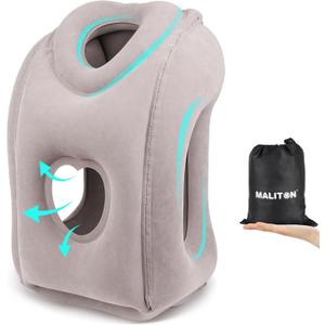 Maliton Inflatable Travel Pillow for Airplane Comfortable Sleeping to Relieve Neck and Shoulder Pain, Support Head Inflatable Pillow for Long Flights, Used for Airplanes, Cars, Trains, Office (Grey)