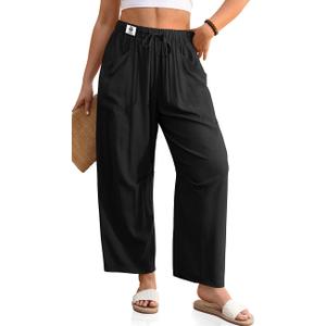 TARSE Womens Linen Wide Leg Pants Baggy Lounge Drawstring Waist Harem Pants Casual Summer Beach Trousers (Black, L)