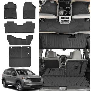 Floor Mats & Cargo Liner & Backrest Mat Fit for Honda Pilot 2016-2022 8 Passenger (No Elite Model) - All Weather Protection TPE Floor Liner with Back Seat Cover Trunk Mat Full Set Pilot Accessories