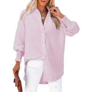 Women's Striped Button Down Shirts Long Sleeve Smocked Cuffed Oversized Boyfriend Blouses Collared Work No Pockets Tops (Pink, XL)