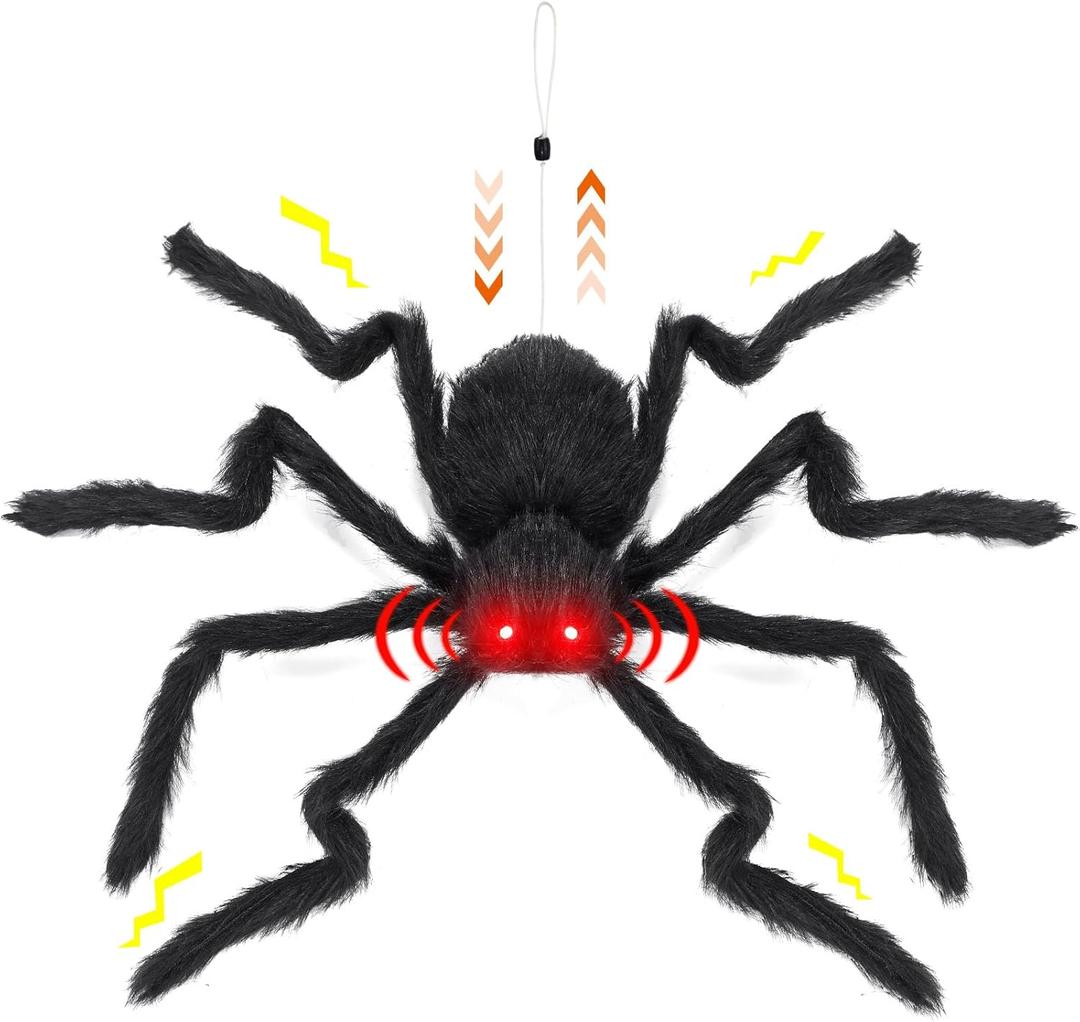 Soulchen 24 Inch Halloween Giant Spider Electronic with Red LED Eyes Motion Activated Drop Down Sound Sensor Scary Hissing Sound Bendable Legs Lifelike Spider Indoor Outdoor Decor for House Yard