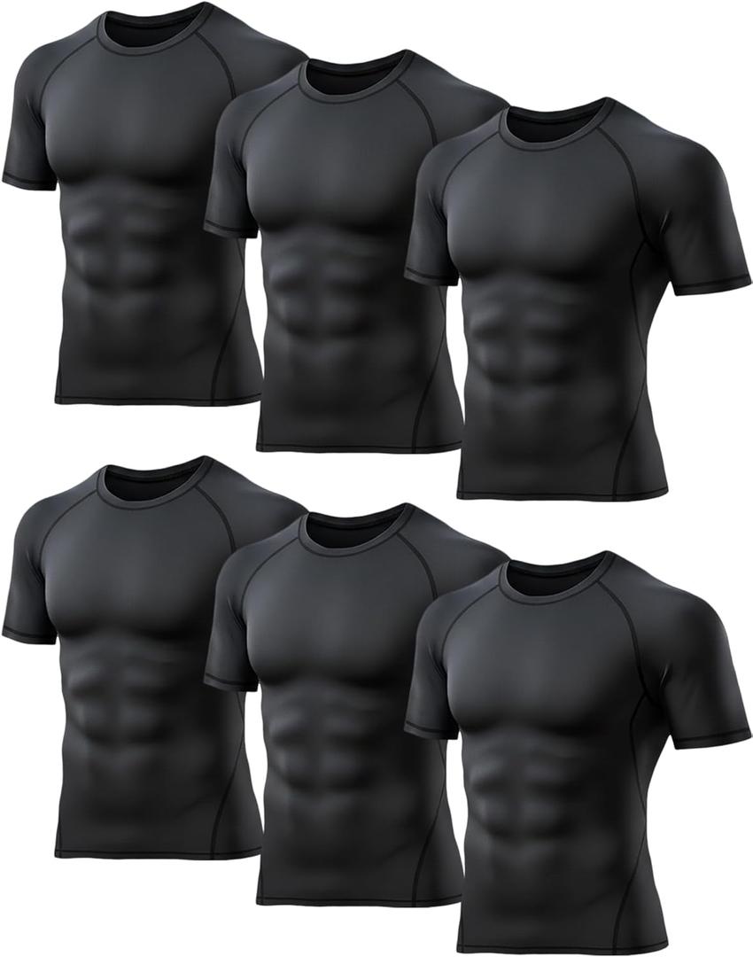 TELALEO 6 Pack Men's Compression Shirt Short Sleeve Athletic Baselayer Sports T Shirts Workout Tops for Men Black White Small, Only4