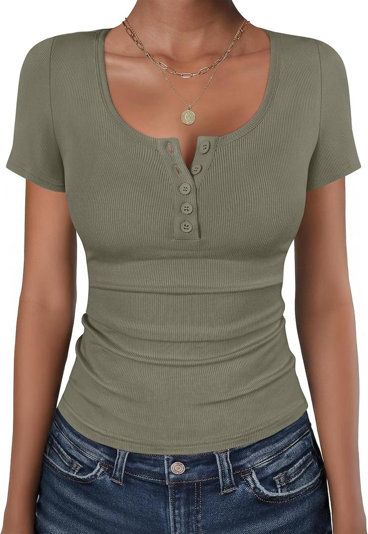 ANRABESS Womens Short Sleeve Henley Shirts Ribbed Slim Fitted Tee Summer Work Tops 2026 Button Blouse Spring Vacation Clothes (Large, Army Green)