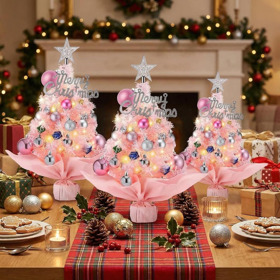 3 Pcs Mini Pink Christmas Tree with Lights 20 Inch Prelit Artificial Tabletop Warm Lights Treetop Star and Ornaments Tabletop Tree for DIY Pink Christmas Decoration Gifts