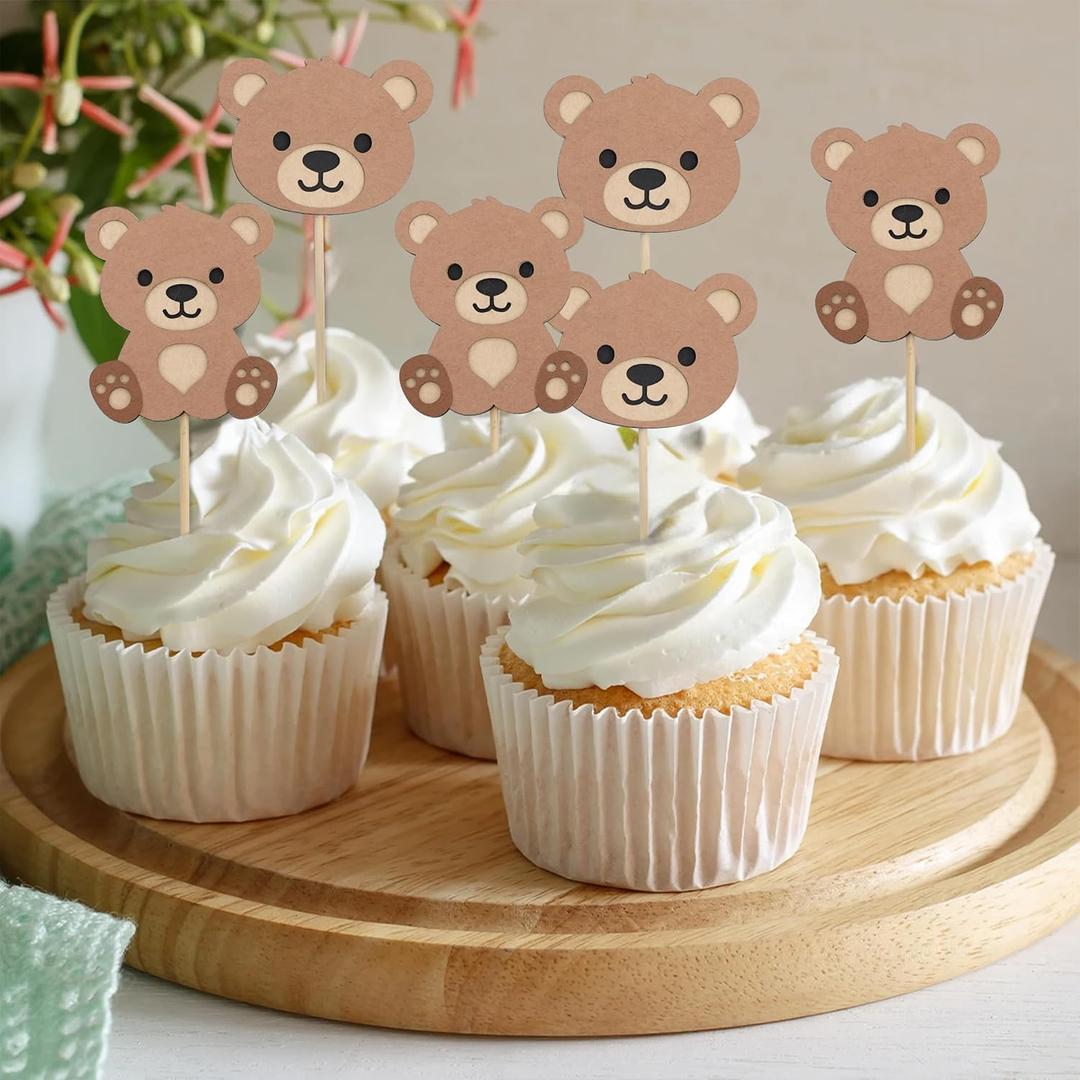 Beary First Birthday Cupcake Toppers - Bear 1st Birthday Decorations,Bear Theme Cake Topper,We Can Bearly Wait Decorations (bear)