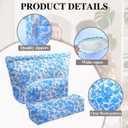 3 Piece Blue Quilted Floral Makeup Bag Set Small Cosmetic Bag For Women Cute Cotton Makeup Pouch For Purse
