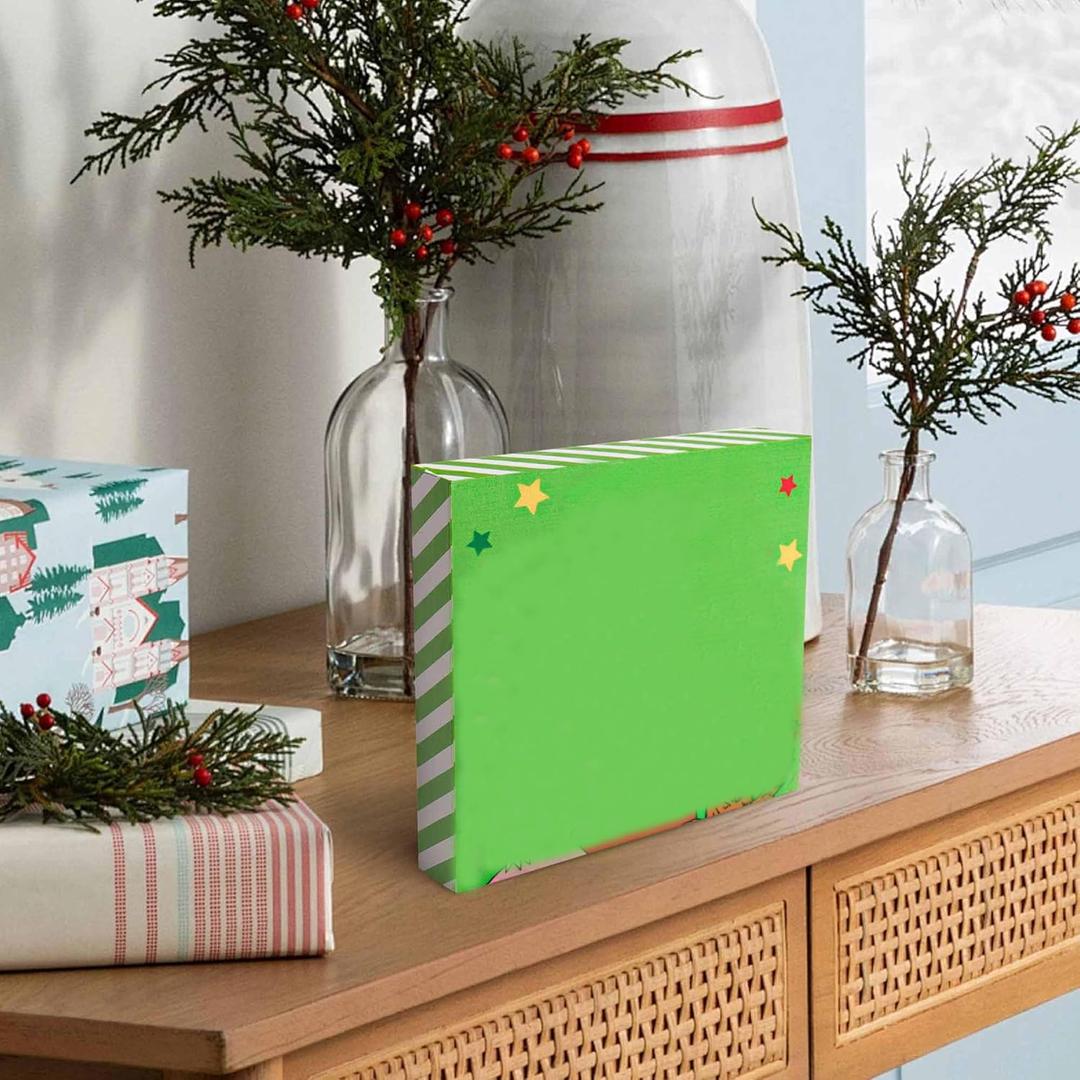 Christmas Box Sign Decorations 5"x5", Green Wooden Box Signs Indoor Square Block Artwork for Home Table Shelf Office Decor Winter Sign Plaque (Green)