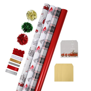 LaRibbons Christmas Wrapping Paper Sets, Classic Reindeer Stripes & Happy Holiday Design with Ribbons & Gift Tags & Metallic Pom Pom for Christmas, Holiday，30Inch × 10Feet（ 4 Rolls: 100 Sq.Ft.Ttl）