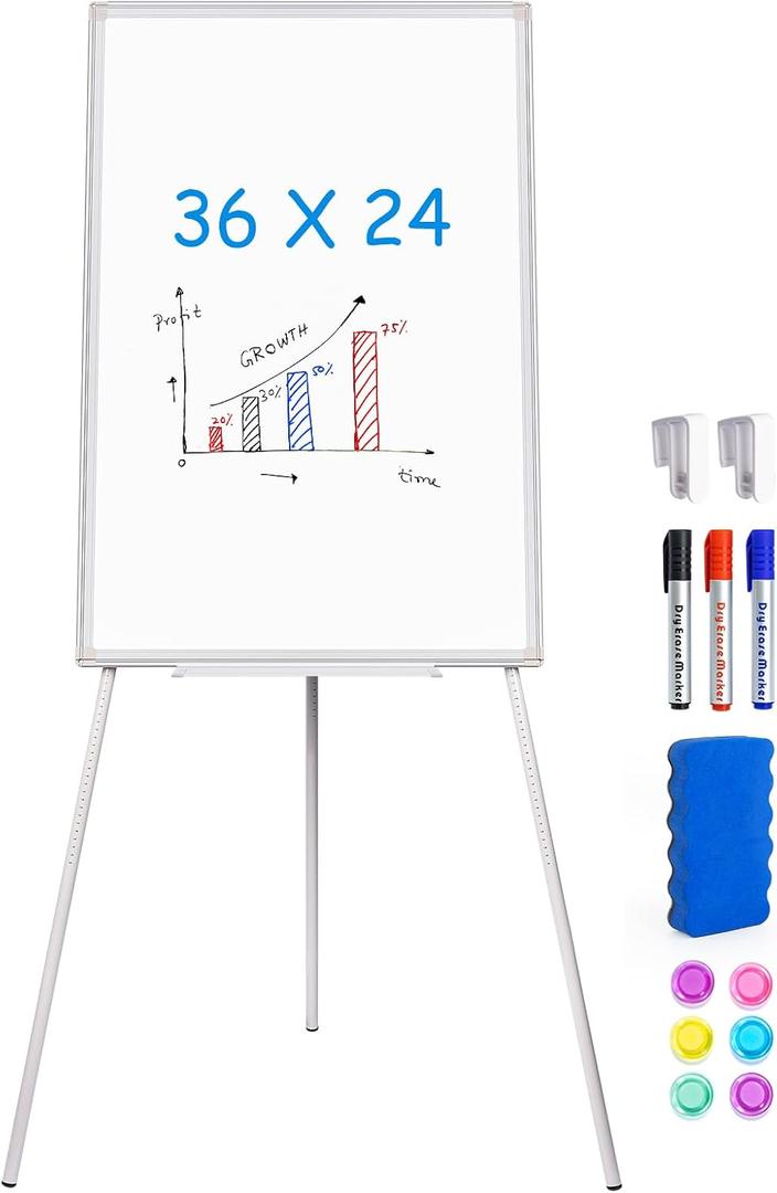 Maxtek Easel Whiteboard 36 x 24 in, Stand Tripod with Height Adjustable | 3' x 2' Magnetic Dry Erase Surface, Flipchart Stand, Portable Tripod Easel for Office, Teaching, Home and Classroom