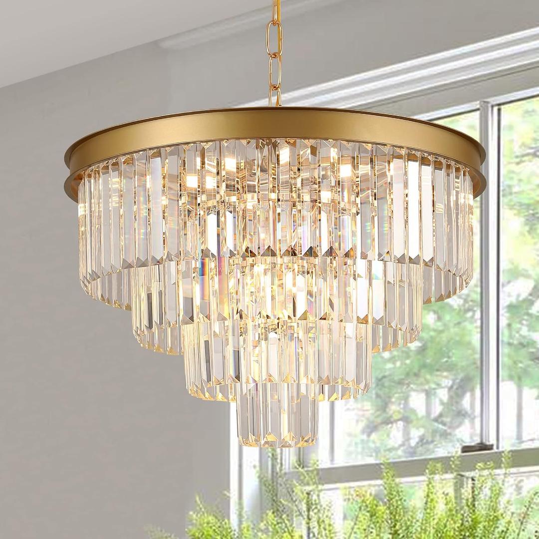 A AXILIXI Modern Crystal Chandeliers Gold 24 Round Chandelier for Dining Room 12 Light Ceiling Pendant Light Fixture Raindrop Luxury Gold Flush Mount Chandelier for Entryway Living Room