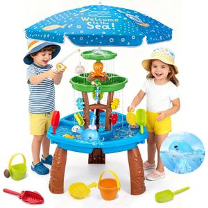 Water Table Toys for Kids Aged 3 4 5 6 7 8, Kids Water Table with Auto Water-Absorbing Water Pump & Umbrella Outdoor Activity Sensory Play Table with Beach Toys Accessories Birthday Gifts for Toddlers