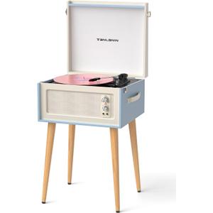 Vintage Standing Blue Vinyl Record Player with Detachable Legs, Built-in 4 Speakers, USB to PC Encoding, 33/45/78 RPM LP Player Bluetooth Retro Turntables Support Headphone Jack, RCA Out, AUX in