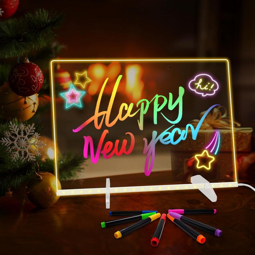 Acrylic Dry Erase Board with Light,LED Note Board with Colors 13.8"X10" 4 Modes & 7 Colors Rewritable LED Acrylic Drawing Board for School Home Office Include 7 pens,Clear Stand,Spray Bottle