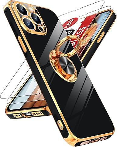 LeYi for iPhone-13-Pro Case: (𝐍𝐨𝐭 𝐟𝐢𝐭 𝐢𝐏𝐡𝐨𝐧𝐞 𝟏𝟑) 2 Pack Tempered Glass Screen Protector and 360° Rotatable Ring Holder Magnetic Kickstand, Plating Rose Gold Edge para 13 Pro Case, Black
 3Pcs