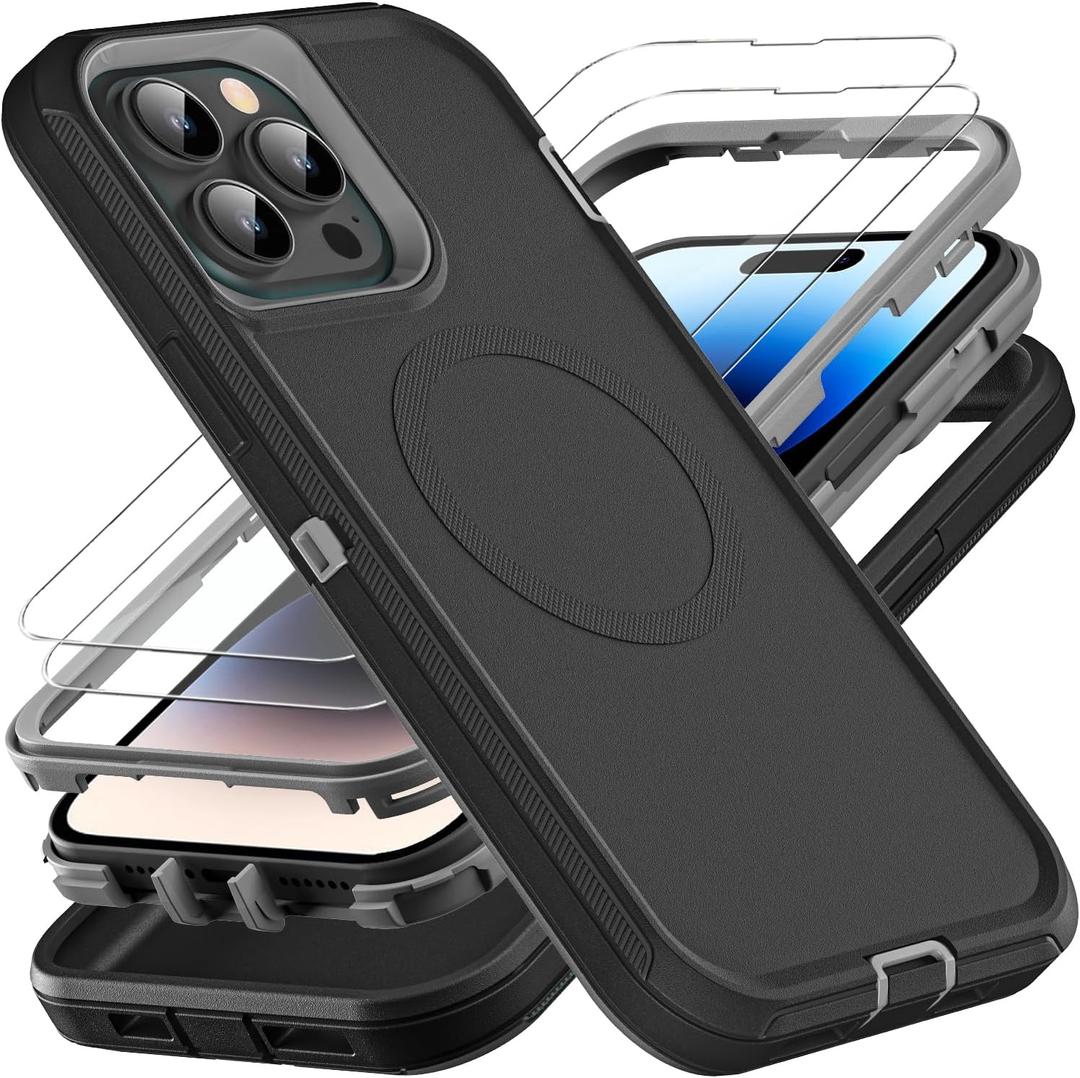 for iPhone 14 Pro Case, Compatible with Magsafe, Military Grade 3 in 1 Heavy Duty Shockproof/Drop Proof/Dust Proof Case with 2Pcs Tempered Glass Screen Protector (New-Black/Grey)
