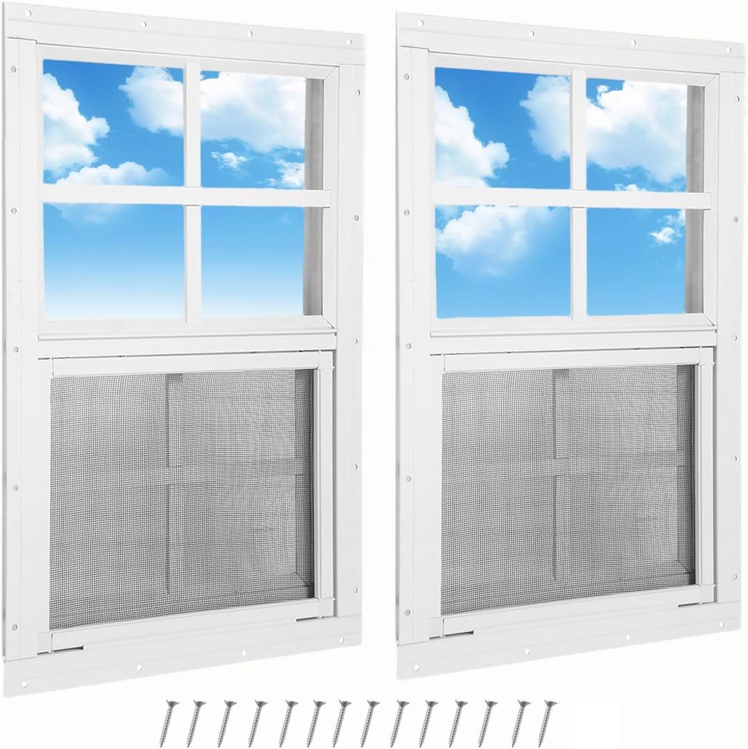 2 Pack Shed Window, 24" x 36" Flush Mount Window with Tempered Glass and Fiberglass Screen, Small Sliding Windows for Shed, Chicken Coop, Playhouse, Household, Garage, Barns, White