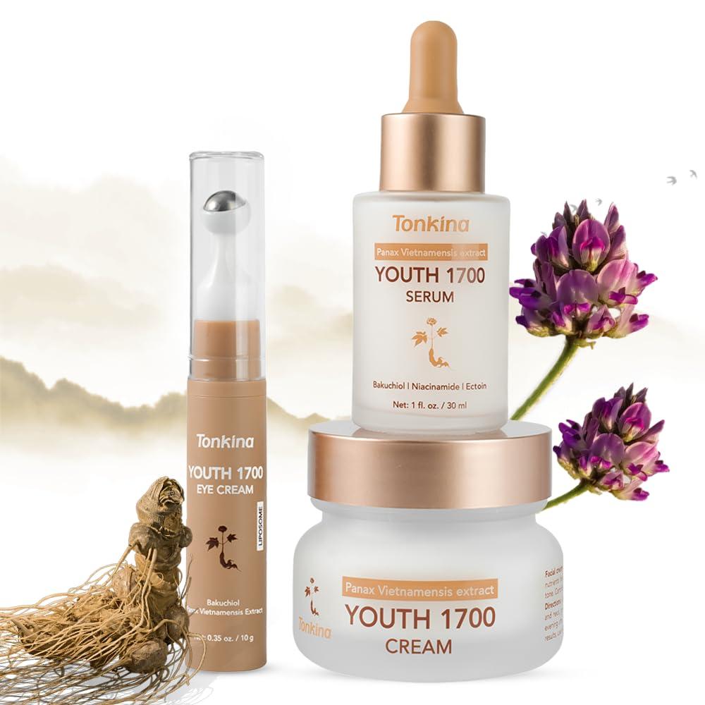Youth 1700 Essential Trio Set, Vietnamese Ginseng Anti-Aging Skin Care Kit with Serum, Eye Cream & Moisturizer for Wrinkle Care & Firm, Radiant Skin, For All Skin Types, EXP 2027/05/28