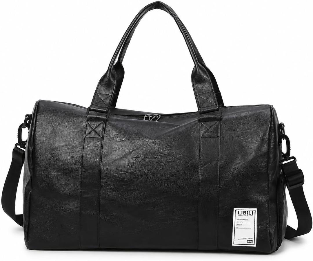Sports Travel Gym Duffel Bag, Black, PU Leather, with Separate Shoe Compartment, Wet and Dry Separation, Large