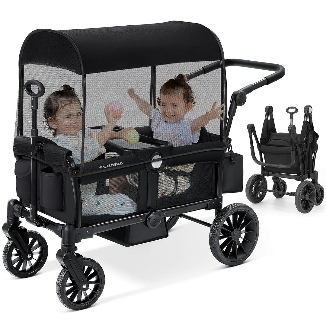 ELEMARA Foldable Wagon Stroller, Stroller Wagon for 2 Kids, Premium All Terrain Wagon for Kids with Removable Canopy, Adjustable Push/Pull Handle, Harnesses, Large Storage Bag, Black