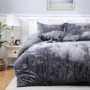 CAROMIO Velvet Duvet Cover Bedding Set Queen Size, Luxury Ultra Soft Velvet Comforter Cover 3 Pieces (1 Duvet Cover + 2 Pillow Shams, Grey)